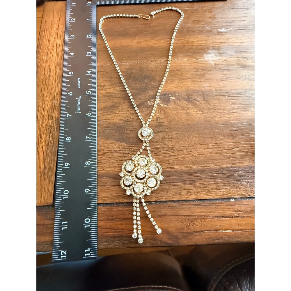 Vintage Gold Tone Clear Rhinestone Floral Lavalier Fringe Drop Necklace 16in
